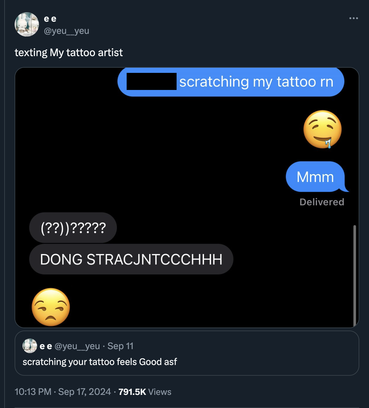 screenshot - ee texting My tattoo artist scratching my tattoo rn ??????? Dong Stracjntccchhh ee Sep 11 scratching your tattoo feels Good asf Views Mmm Delivered